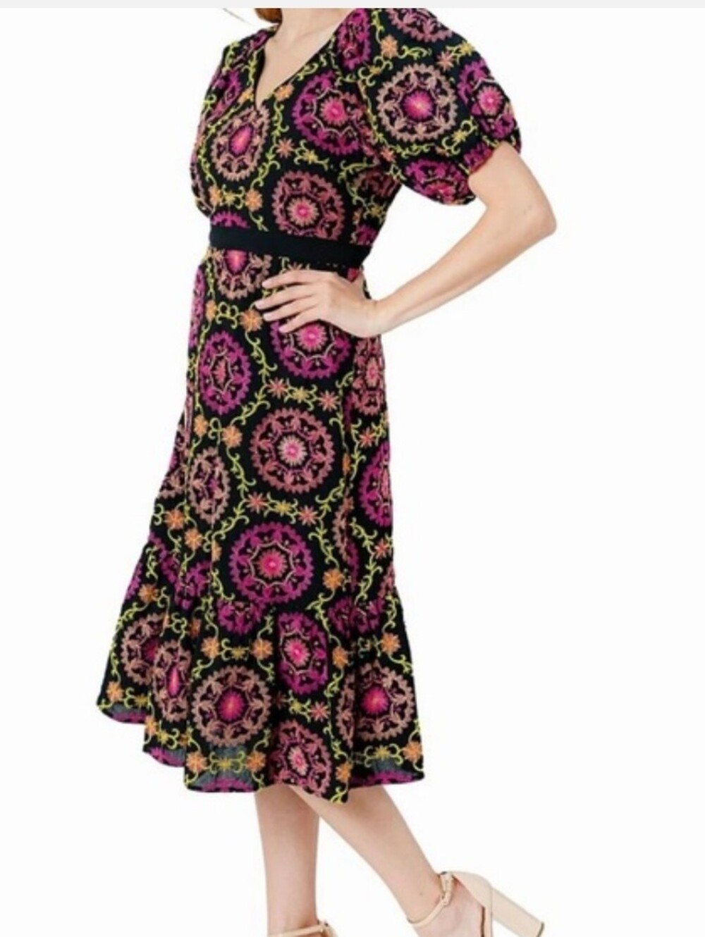 Sam Edelman Embroidered Pink Green Black Puff Sleeve V-neck Midi Dress Size 88 - Picture 2 of 12